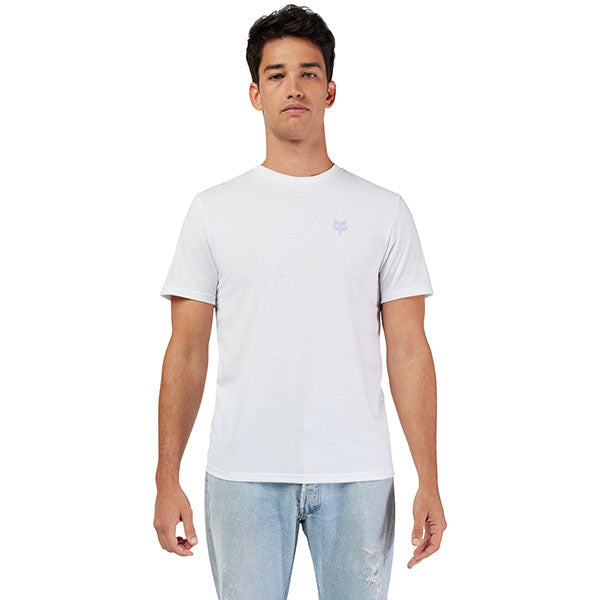 Clean studio shot of Fox Racing Frequency Tech Tee; showing tee fit, printed graphics, and crew neckline; SKU 33406-001-S; Colors: Black, Optic White