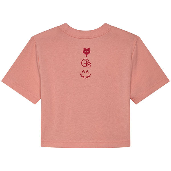 Studio photo on a white background of Fox Racing Fox x Honda Baby Tee (Womens); showing tee fit, printed graphics, and crew neckline; SKU 33587-001-XS