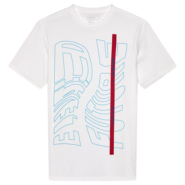 Professional studio photo of Fox Racing Elevated Premium Tee; showing tee fit, printed graphics, and crew neckline; SKU 33432-001-S; Sizes: S-2XL