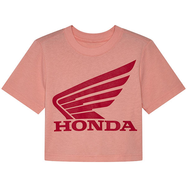 High-resolution studio image of Fox Racing Fox x Honda Baby Tee (Womens); showing tee fit, printed graphics, and crew neckline; SKU 33587-001-XS