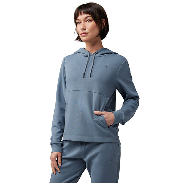 Rear view of Fox Racing Women's Rise Pullover Hoodie in Heather Graphite (SKU: 34847-332), highlighting dropped shoulder and seam detail