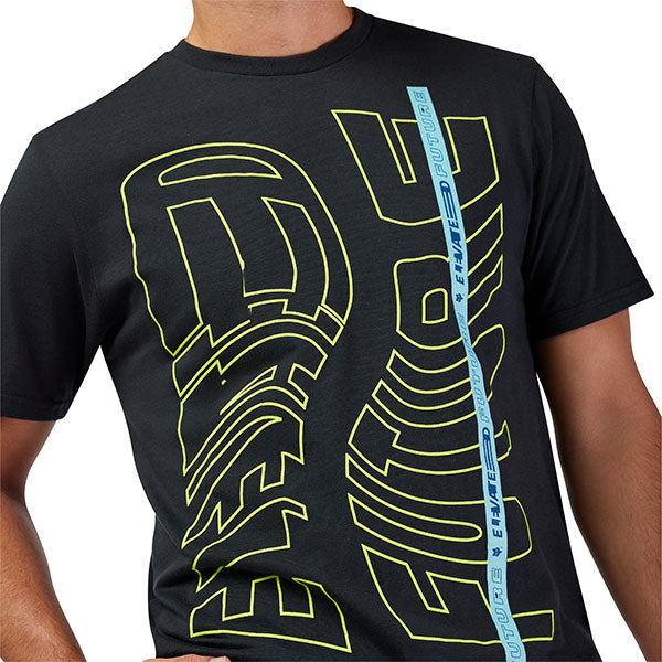 Clean studio shot of Fox Racing Elevated Premium Tee; showing tee fit, printed graphics, and crew neckline; SKU 33432-001-S; Colors: Black, Optic White