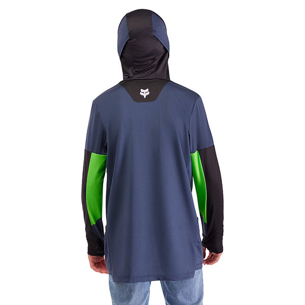 Close-up of integrated face buff and stretch collar for sun and debris protection