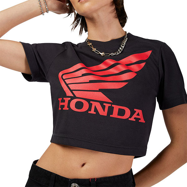 Clean studio shot of Fox Racing Fox x Honda Baby Tee (Womens); showing tee fit, printed graphics, and crew neckline; SKU 33587-001-XS; Sizes: XS-XL