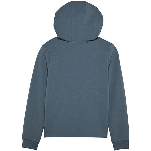 Side profile of Fox Racing Women's Rise Pullover Hoodie in Heather Graphite (SKU: 34847-332), showing relaxed silhouette and stretch fabric