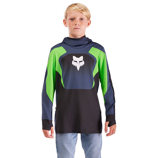 Side profile of Navy/Green jersey highlighting hook-and-loop side pocket and seamless glove cuff
