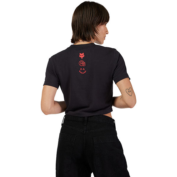 Crisp studio image on a white background of Fox Racing Fox x Honda Baby Tee (Womens); showing tee fit, printed graphics, and crew neckline
