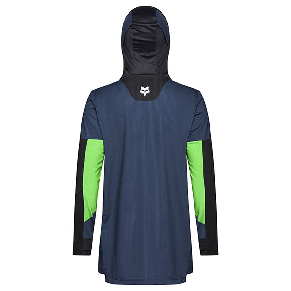 Rear view of Navy/Green jersey with extended back panel and ergonomic fit for off-road riding