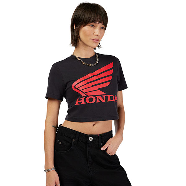Professional studio photo of Fox Racing Fox x Honda Baby Tee (Womens); showing tee fit, printed graphics, and crew neckline; SKU 33587-001-XS