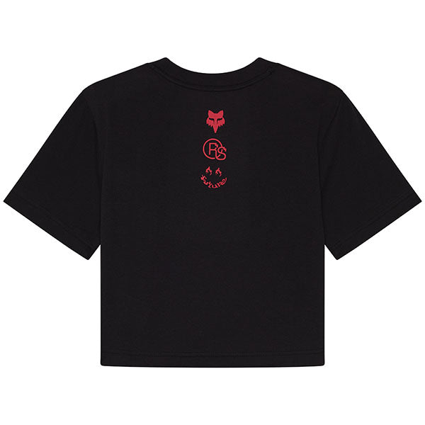 Studio photo on a white background of Fox Racing Fox x Honda Baby Tee (Womens); showing tee fit, printed graphics, and crew neckline; SKU 33587-001-XS