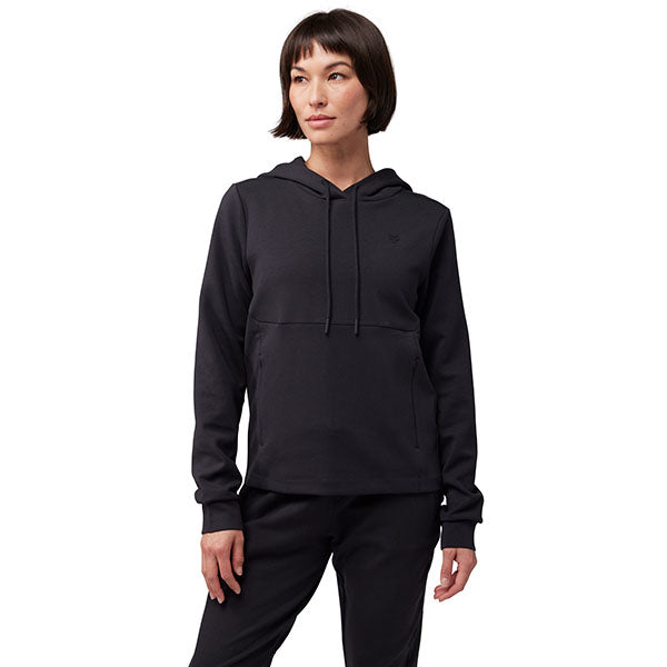 Rear view of Fox Racing Women's Rise Pullover Hoodie in Black (SKU: 34847-001), highlighting dropped shoulders and seam detail