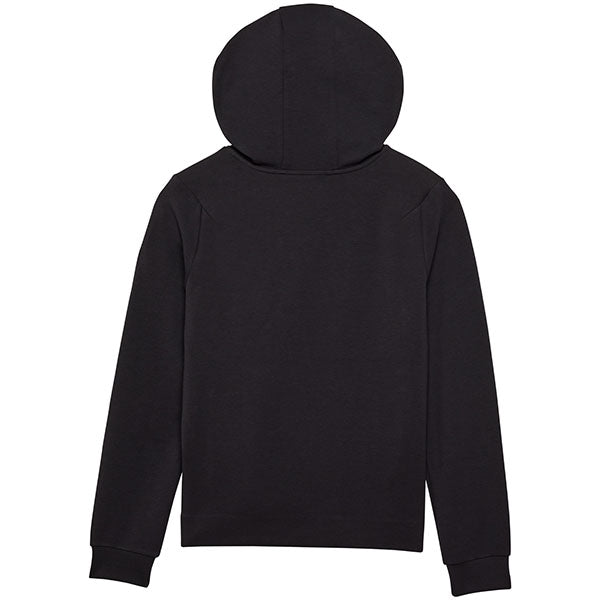 Side profile of Fox Racing Women's Rise Pullover Hoodie in Black (SKU: 34847-001), showing articulated construction and relaxed fit