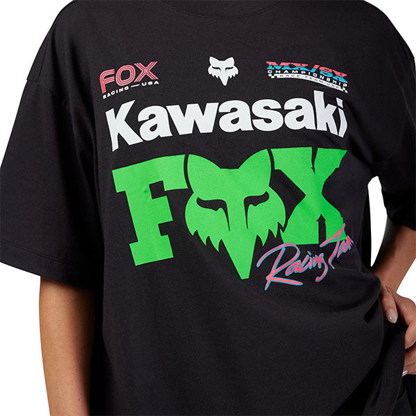 Clean studio shot of Fox Racing Fox x Kawasaki Oversized Tee (Womens); showing tee fit, printed graphics, and crew neckline; SKU 33586-001-XS