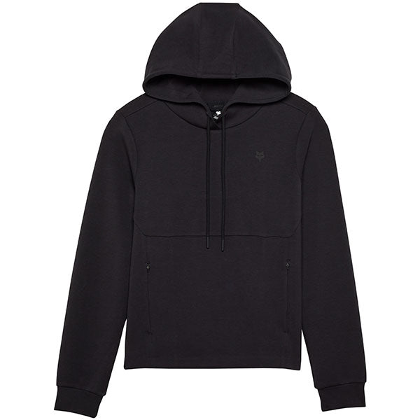 Front view of Fox Racing Women's Rise Pullover Hoodie in Black (SKU: 34847-001), featuring moisture-wicking fleece and bonded hood