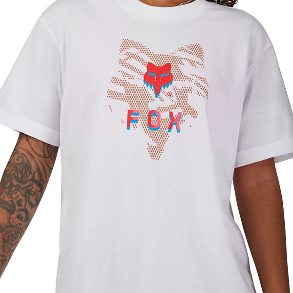 Professional studio photo of Fox Racing Elevated Tee (Womens); showing tee fit, printed graphics, and crew neckline; SKU 33597-001-XS; Sizes: XS-XL