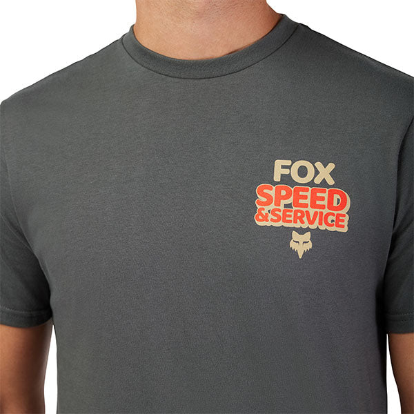Professional studio photo of Fox Racing Always Custom Premium Tee; showing tee fit, printed graphics, and crew neckline; SKU 33831-330-S; Sizes: S-2XL