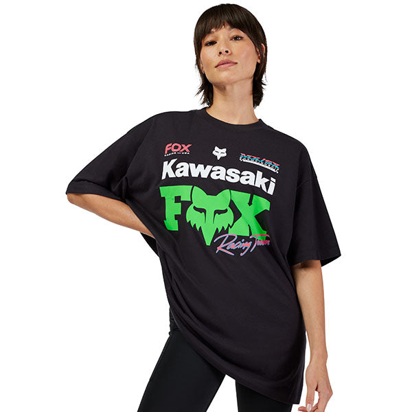 Professional studio photo of Fox Racing Fox x Kawasaki Oversized Tee (Womens); showing tee fit, printed graphics, and crew neckline; SKU 33586-001-XS