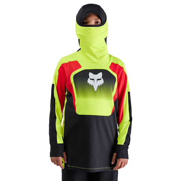 Detail of neck and face buff integration on Youth Ranger Drive Jersey in Black (SKU: 33553-130), for sun and dust protection