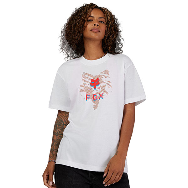 Crisp studio image on a white background of Fox Racing Elevated Tee (Womens); showing tee fit, printed graphics, and crew neckline; SKU 33597-001-XS
