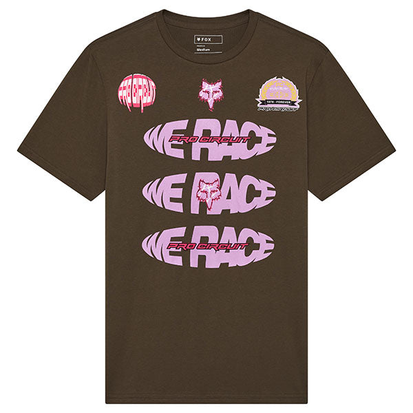 High-resolution studio image of Fox Racing Pro Circuit Tee; showing tee fit, printed graphics, and crew neckline; SKU 33425-001-S; Sizes: S-2XL