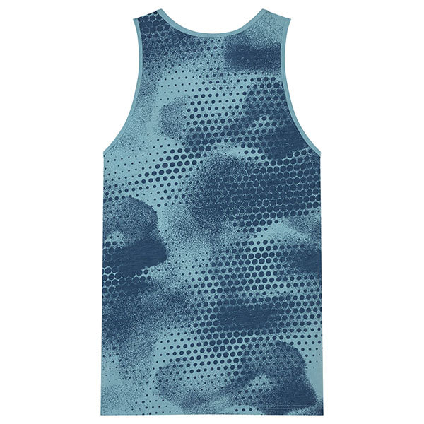 High-resolution studio image of Fox Racing AOP Tech Tank Top; showing sleeveless cut, hem shape, and printed or woven branding; SKU 33408-402-S