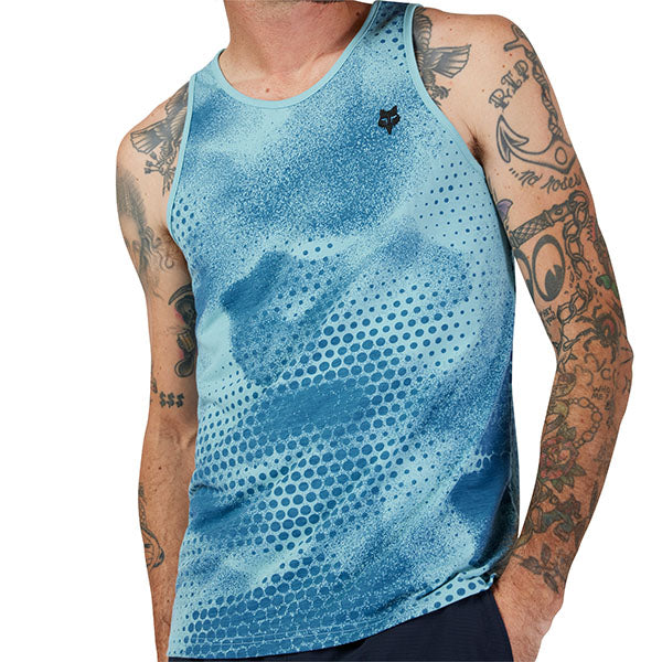 Studio photo on a white background of Fox Racing AOP Tech Tank Top; showing sleeveless cut, hem shape, and printed or woven branding; SKU 33408-402-S