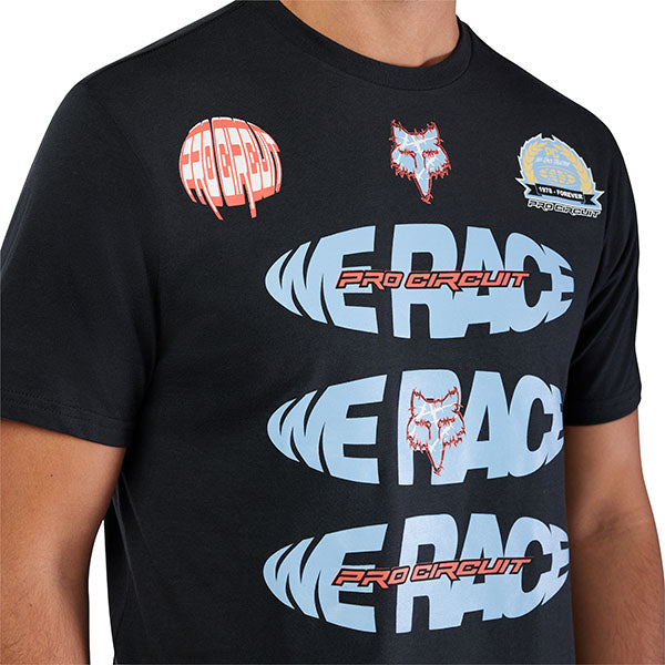 Clean studio shot of Fox Racing Pro Circuit Tee; showing tee fit, printed graphics, and crew neckline; SKU 33425-001-S; Sizes: S-2XL