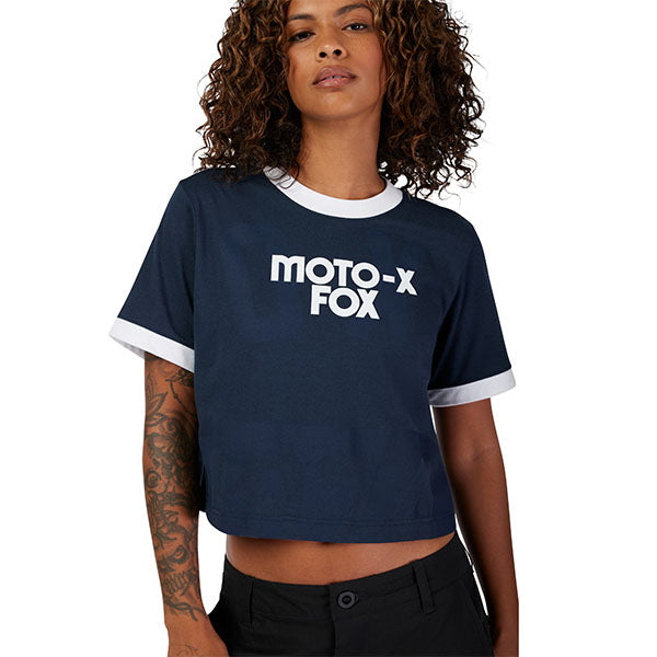 Professional studio photo of Fox Racing Circa 74 Ringer Tee (Womens); showing tee fit, printed graphics, and crew neckline; SKU 33584-329-XS