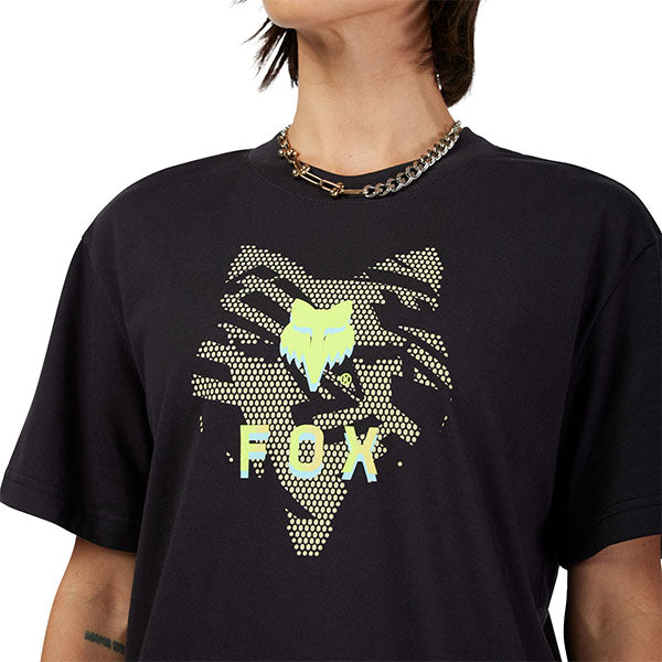 Professional studio photo of Fox Racing Elevated Tee (Womens); showing tee fit, printed graphics, and crew neckline; SKU 33597-001-XS; Sizes: XS-XL