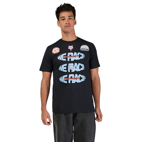 High-resolution studio image of Fox Racing Pro Circuit Tee; showing tee fit, printed graphics, and crew neckline; SKU 33425-001-S; Sizes: S-2XL
