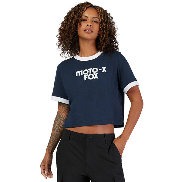 Crisp studio image on a white background of Fox Racing Circa 74 Ringer Tee (Womens); showing tee fit, printed graphics, and crew neckline
