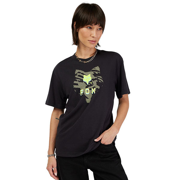 Crisp studio image on a white background of Fox Racing Elevated Tee (Womens); showing tee fit, printed graphics, and crew neckline; SKU 33597-001-XS