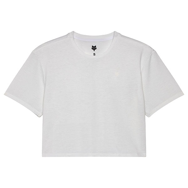 High-resolution studio image of Fox Racing Forums Tech Tee (Womens); showing tee fit, printed graphics, and crew neckline; SKU 33594-001-XS; Sizes: XS-XL