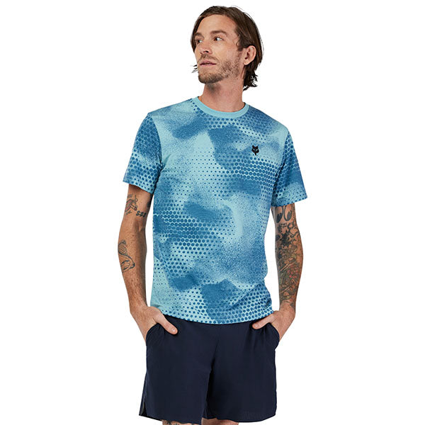 High-resolution studio image of Fox Racing AOP Tech Tee; showing tee fit, printed graphics, and crew neckline; SKU 33405-402-S; Colors: Vintage Wash