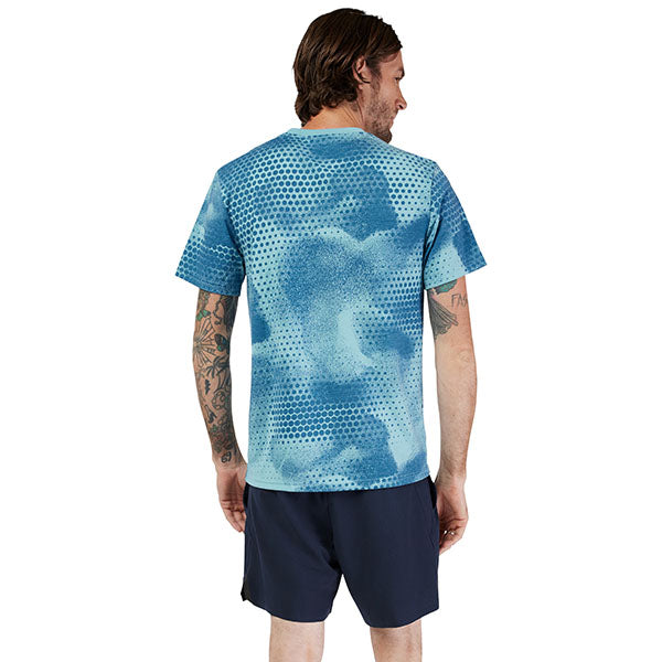 Studio photo on a white background of Fox Racing AOP Tech Tee; showing tee fit, printed graphics, and crew neckline; SKU 33405-402-S; Sizes: S-2XL