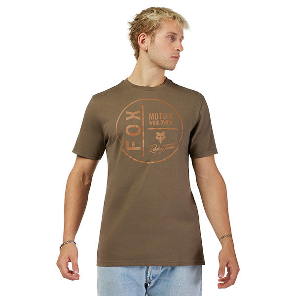 High-resolution studio image of Fox Racing Worldwide Premium Tee; showing tee fit, printed graphics, and crew neckline; SKU 33825-001-S; Sizes: S-2XL