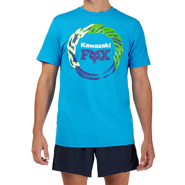 Clean studio shot of Fox Racing Kawasaki Tee; showing tee fit, printed graphics, and crew neckline; SKU 33424-001-S; Sizes: S-2XL