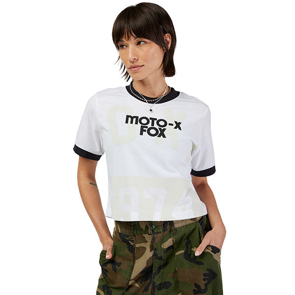 Crisp studio image on a white background of Fox Racing Circa 74 Ringer Tee (Womens); showing tee fit, printed graphics, and crew neckline