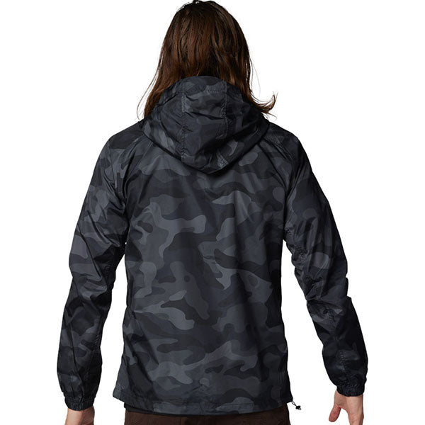Rear view of Fox Head Camo Windbreaker in Black Camo, SKU 33690-247, showing hood and extended hem