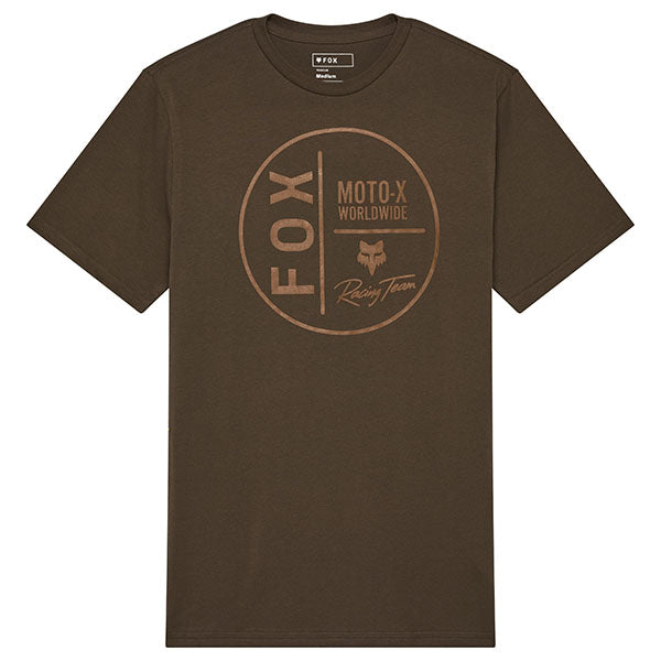 Professional studio photo of Fox Racing Worldwide Premium Tee; showing tee fit, printed graphics, and crew neckline; SKU 33825-001-S; Sizes: S-2XL
