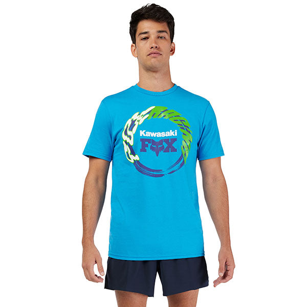 High-resolution studio image of Fox Racing Kawasaki Tee; showing tee fit, printed graphics, and crew neckline; SKU 33424-001-S; Sizes: S-2XL