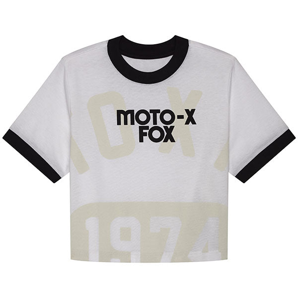 Studio photo on a white background of Fox Racing Circa 74 Ringer Tee (Womens); showing tee fit, printed graphics, and crew neckline; SKU 33584-329-XS
