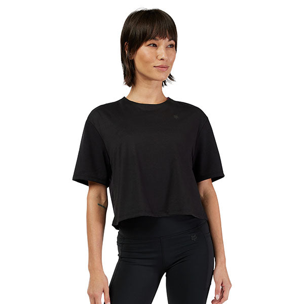 High-resolution studio image of Fox Racing Forums Tech Tee (Womens); showing tee fit, printed graphics, and crew neckline; SKU 33594-001-XS; Sizes: XS-XL