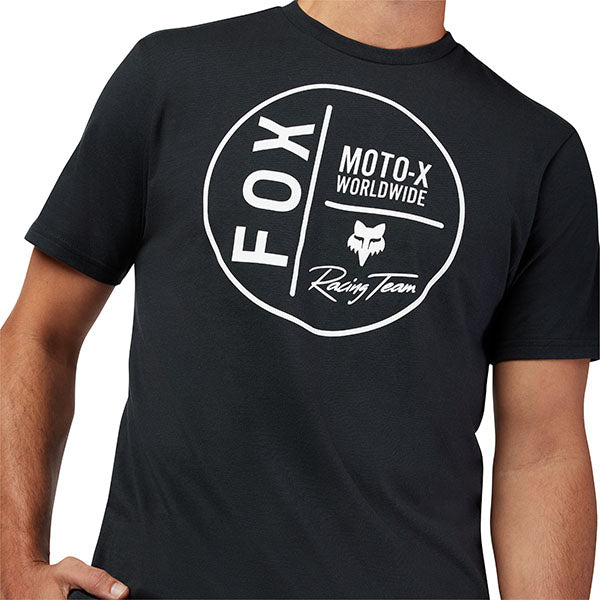 High-resolution studio image of Fox Racing Worldwide Premium Tee; showing tee fit, printed graphics, and crew neckline; SKU 33825-001-S; Sizes: S-2XL