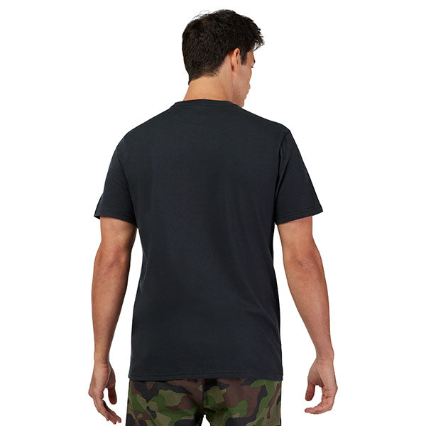 Clean studio shot of Fox Racing Worldwide Premium Tee; showing tee fit, printed graphics, and crew neckline; SKU 33825-001-S; Colors: Black, Military