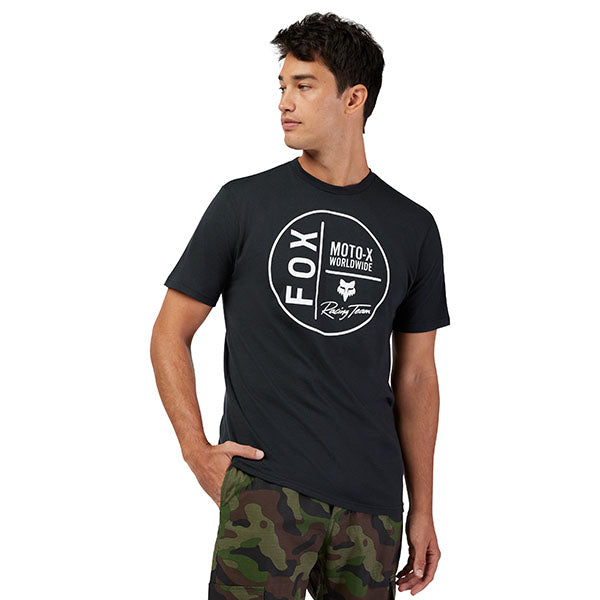 Studio photo on a white background of Fox Racing Worldwide Premium Tee; showing tee fit, printed graphics, and crew neckline; SKU 33825-001-S