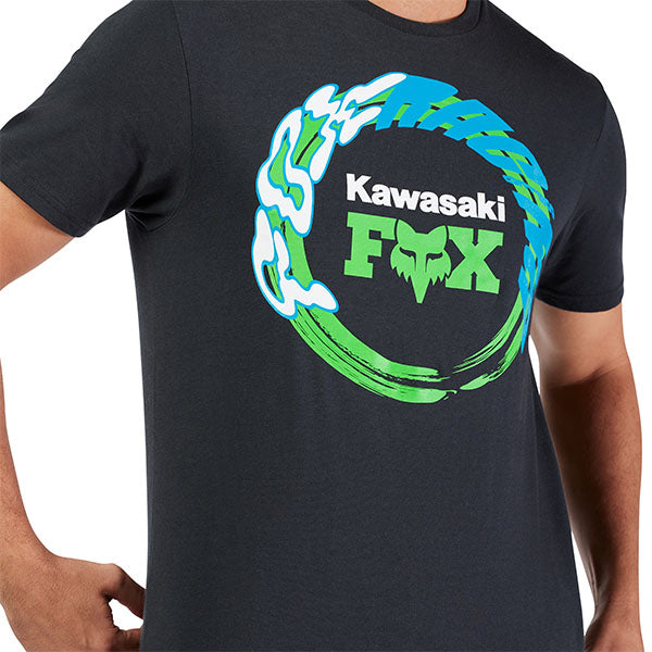 Clean studio shot of Fox Racing Kawasaki Tee; showing tee fit, printed graphics, and crew neckline; SKU 33424-001-S; Sizes: S-2XL