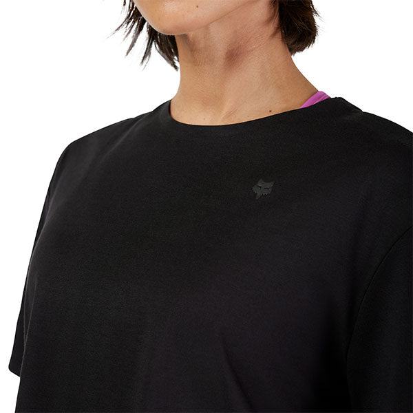 Professional studio photo of Fox Racing Forums Tech Tee (Womens); showing tee fit, printed graphics, and crew neckline; SKU 33594-001-XS; Sizes: XS-XL