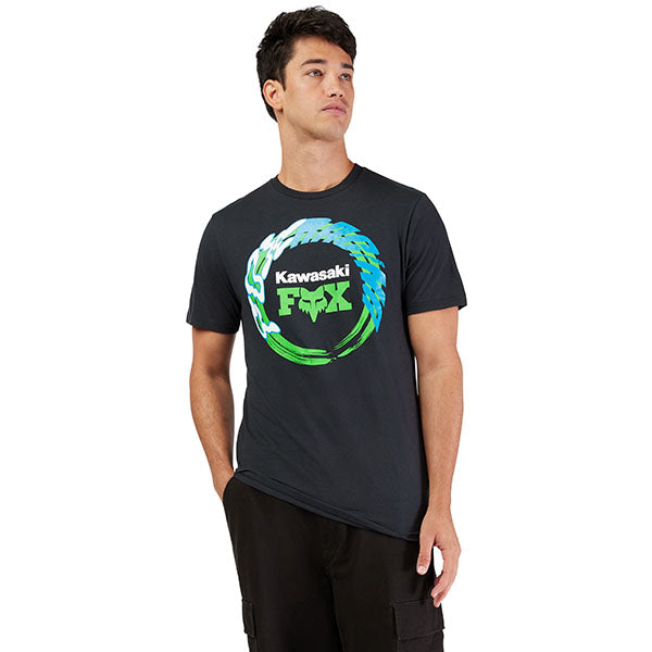 High-resolution studio image of Fox Racing Kawasaki Tee; showing tee fit, printed graphics, and crew neckline; SKU 33424-001-S; Sizes: S-2XL