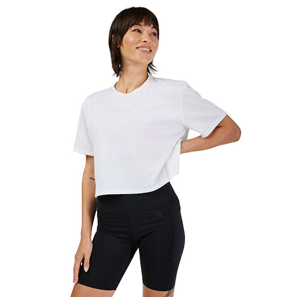 Professional studio photo of Fox Racing Forums Tech Tee (Womens); showing tee fit, printed graphics, and crew neckline; SKU 33594-001-XS; Sizes: XS-XL